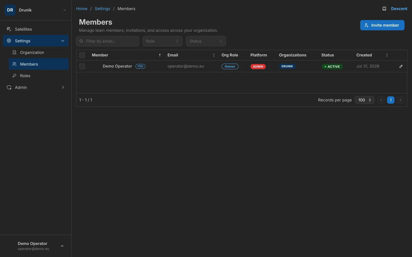 Descent operations screen showing organization members, roles, and access controls.